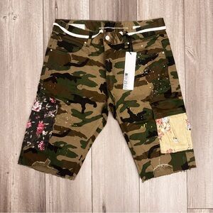 First Row Camo Cargo Jorts Mens 36 Floral Distressed Raw Hew Paint Splatter